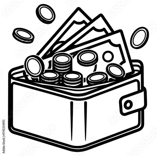 Wallet Overflowing with Cash and Coins Financial Abundance Illustration