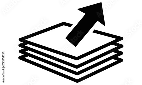 Vector icon representing layers with an upward-pointing arrow, symbolizing upload, progress, or growth, suitable for digital interfaces and infographics