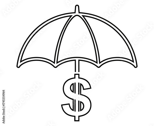 Financial security symbol An umbrella protecting a dollar sign, representing insurance, savings, and protection against monetary risks in a simple outline illustration