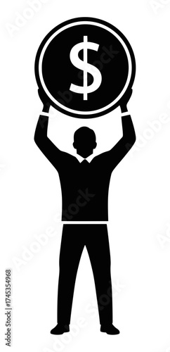 A striking silhouette icon of a businessman holding aloft a large dollar coin, a powerful graphic symbolizing financial success, investment returns, and corporate profit