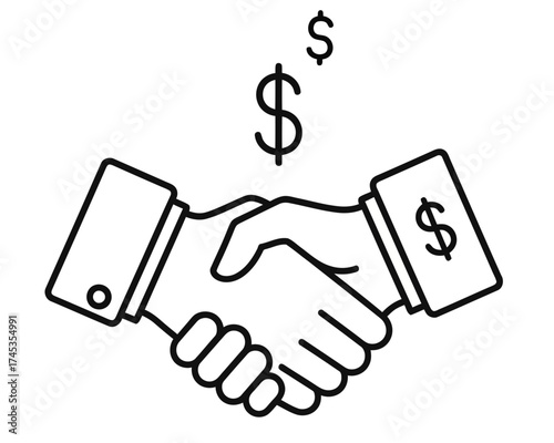 Professional financial agreement handshake illustration, symbolizing a successful business deal, partnership, or contract completion with monetary exchange and mutual benefit