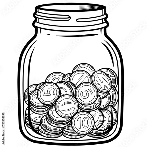 Money Jar Illustration A Black and White Outline of Coins for Savings and Financial Concepts Depicting Wealth and Investment