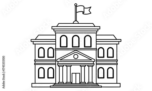 A simple black and white line art illustration of a classical government building with a flag, representing a city hall, courthouse, or university