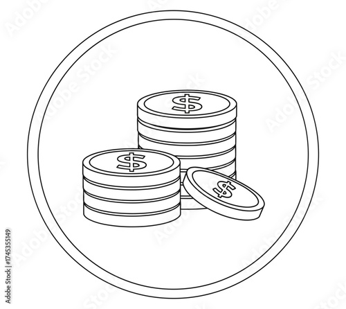 Modern graphic icon of dollar coin stacks, embodying financial management, wealth accumulation, strategic business investment, and sustainable economic prosperity