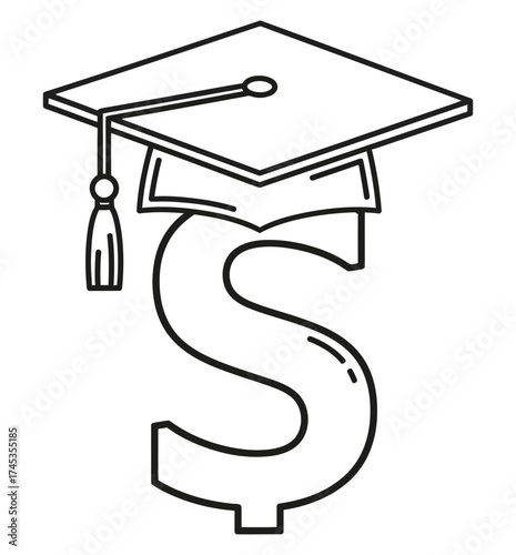 Financial aid and scholarships for higher education illustration of a graduation cap placed on a dollar sign, symbolizing the cost of learning and funding opportunities