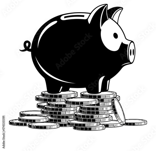 Piggy Bank Savings Building Wealth with Coin Stacks, Secure Future Financial Growth, Economy Investments, Piggybank Management, Money Security