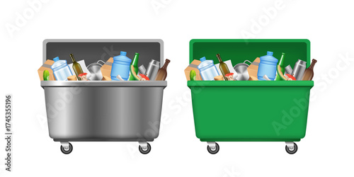 A trash container with various types of trash. Metal and plastic trash cans. Vector 3D clip art.
