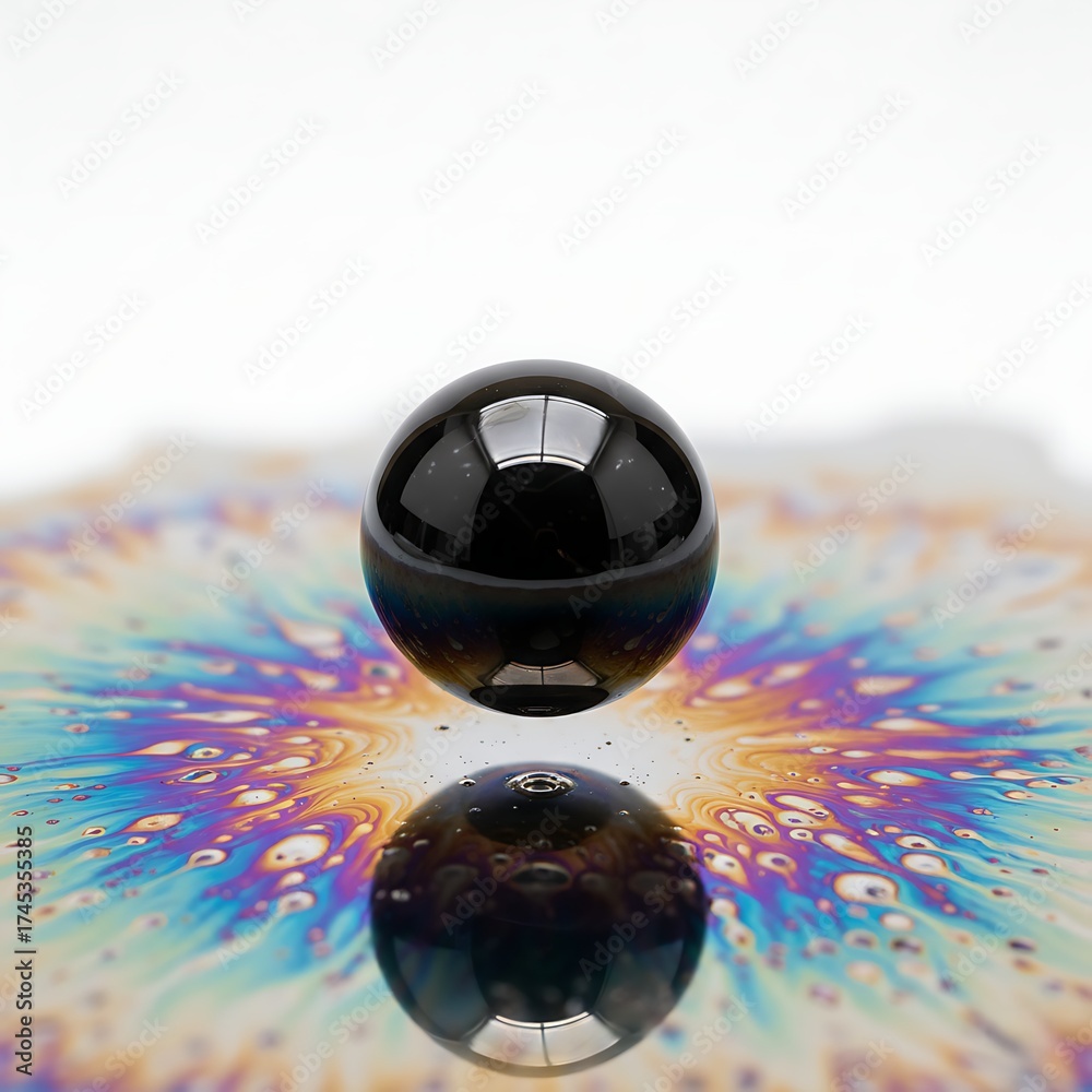 Fototapeta premium Black marble ball floating above a colorful soap bubble surface