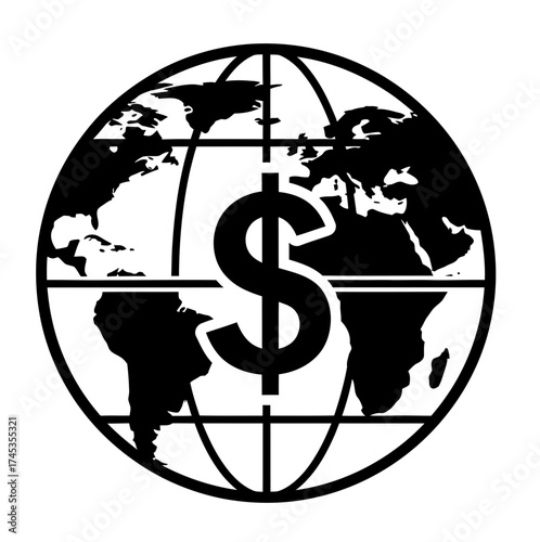 Financial Globalization A world map symbol featuring the dollar sign, representing international finance, economics, global markets, commerce, and worldwide transactions for business
