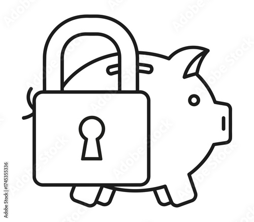 Protecting personal finances and securing investments, a simple line art icon of a piggy bank with a padlock symbolizing wealth management and safety