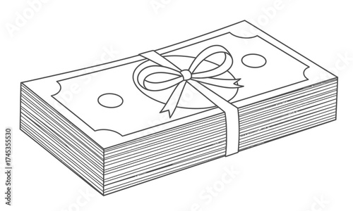 Line art illustration of a substantial stack of currency bills, elegantly tied with a decorative ribbon, symbolizing a financial gift, bonus, reward, wealth, and prosperity