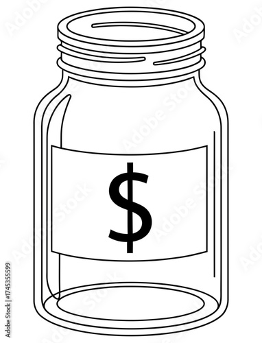 A simple line drawing of a clear glass jar with a label featuring a dollar sign, symbolizing savings, wealth, and financial goals in a clean, minimalist style