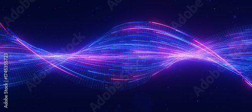 Bigdata light speed twisted flow. Abstract digital data stream of quantum computing. Cyberspace of qubit trail waves. Modern tech information transmission.