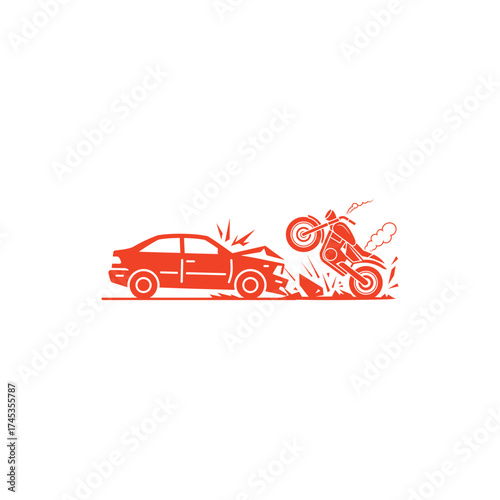 Red Line Art Motorbike Crash Into Car, Transportation Incident on Transparent Background