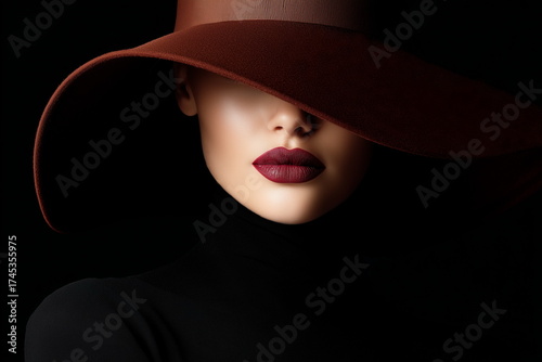 Burgundy lips of a model in a felt hat on a black background. Advertising of lipstick, a luxury clothing store, and cosmetics.