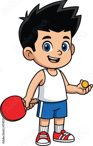 Cartoon boy holding ping pong paddle and ball, cheerful table tennis player, recreational sports activity, fun athletic moment vector illustration