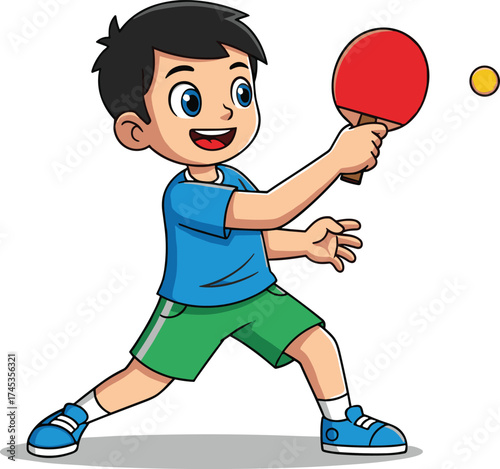 Cartoon boy playing table tennis with paddle and ball, active stance, vector illustration for kids, sports, motion, energy, coordination