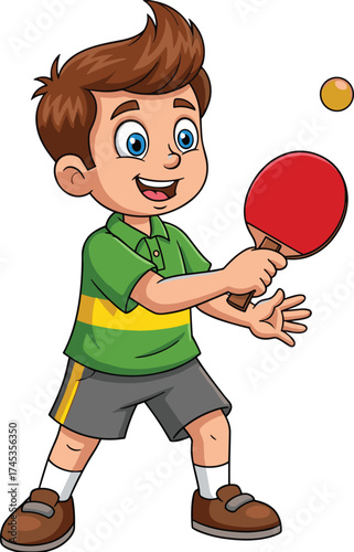 Cartoon boy playing table tennis, green shirt and paddle, cheerful sports pose, active kids game moment, ping pong vector illustration art