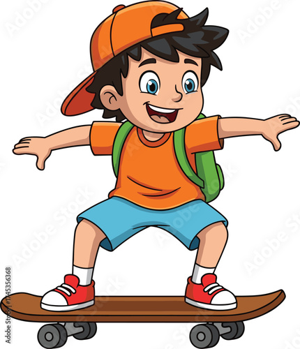 Cartoon boy riding skateboard, cheerful outdoor activity, youth sports motion, dynamic balance pose, playful street style character vector illustration art