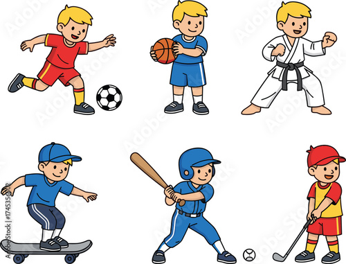 Cartoon boys playing sports, diverse athletic activities, soccer basketball martial arts skateboarding baseball hockey, energetic children illustration, physical fitness vector