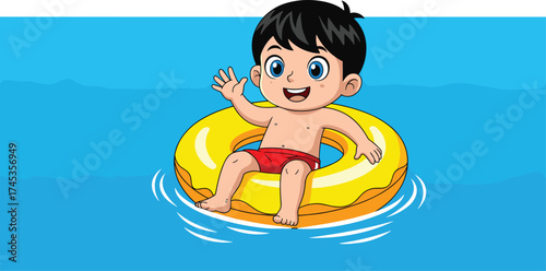 Cartoon child in yellow swim ring, cheerful water activity, summer pool fun, waving boy illustration, aquatic safety recreation vector