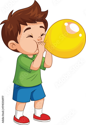 Cartoon child inflating yellow balloon with puffed cheeks, playful pose, vector illustration for kids, air pressure, fun, activity, design