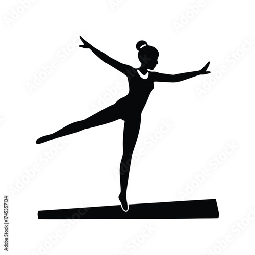 Elegant silhouette of a female gymnast performing a graceful pose on a balance beam, showcasing balance and flexibility
