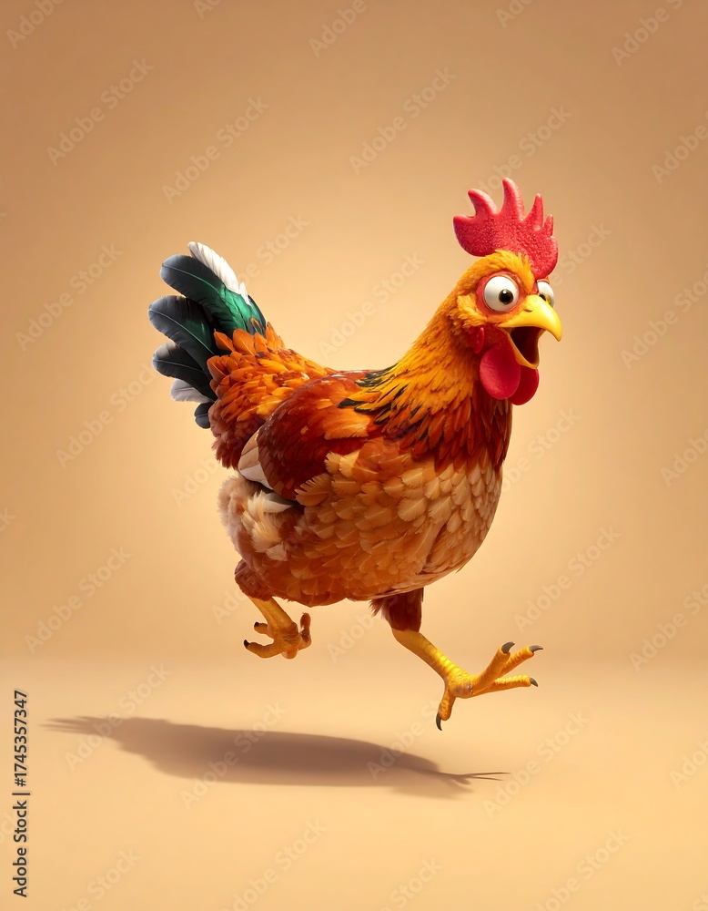 Fototapeta premium A colorful, cartoonish chicken in motion, with a wide-eyed expression