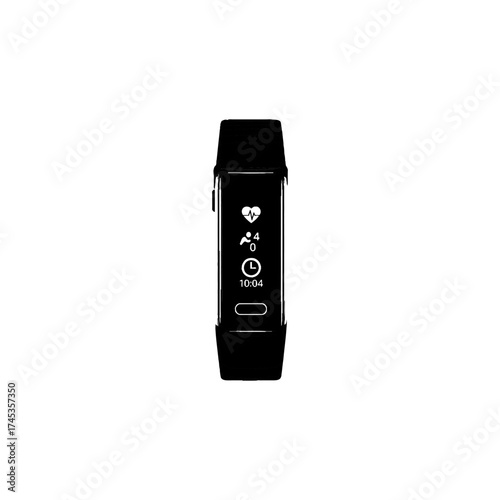 A close up shot of a black fitness tracker displaying heart rate and time data silhouette