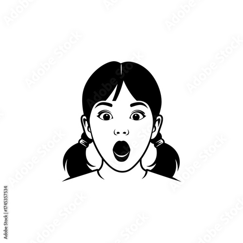 Illustration of a surprised girl with pigtails and an open mouth in black and white silhouette