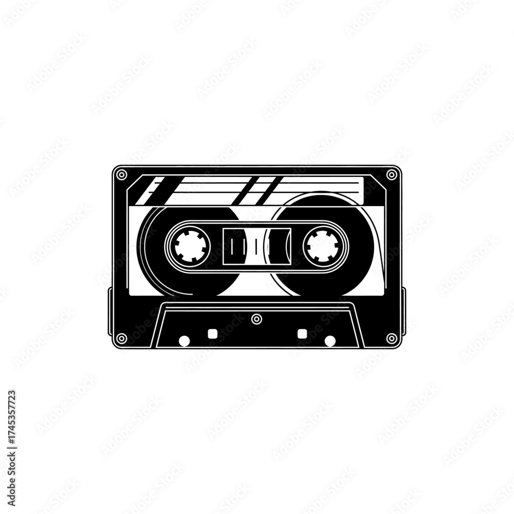 Obraz premium A black and white graphic illustration of a cassette tape on a white background silhouette