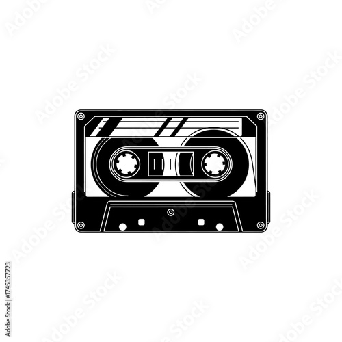 A black and white graphic illustration of a cassette tape on a white background silhouette