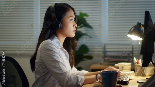 A focused young Asian woman wearing headphones works late at night on her computer in a dimly lit office.