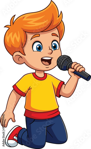 Cartoon child singing with microphone, yellow shirt and red sneakers, cheerful performance pose, expressive talent show character, public speaking vector illustration