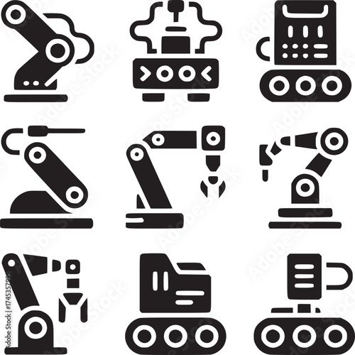 Nine robotic arms and conveyor belt machine icons arranged in a grid on a white background