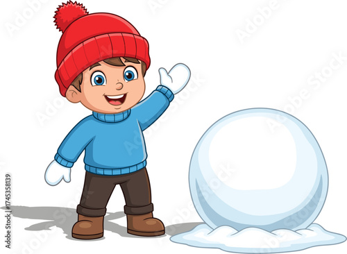 Cartoon child with snowball, winter outdoor fun, red beanie waving kid, seasonal playtime scene, cold weather activity illustration vector