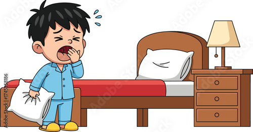 Cartoon child yawning beside bed with pillow in hand, sleepy expression, vector illustration for kids, bedtime, routine, tired, morning, night