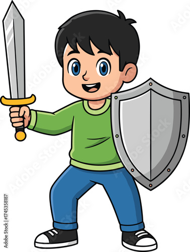 Cartoon child with sword and shield, smiling boy in green shirt, fantasy play pose, brave character, kids adventure, vector illustration