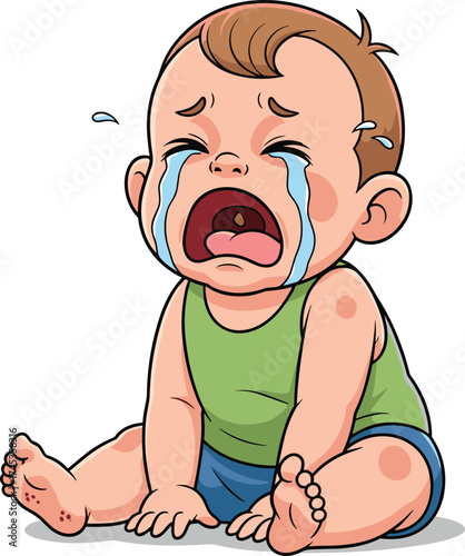Cartoon crying baby with rash, emotional expression, sitting pose, vector illustration for childcare, health, parenting, emotion, pediatric concept