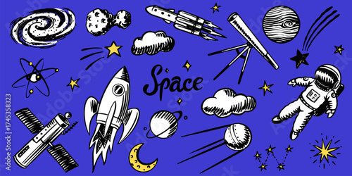 Hand drawn space doodles in sketchy style with rocket astronaut or spaceman, milky way galaxy, satellite and a comet, planets and telescope. science elements for kids and educational content