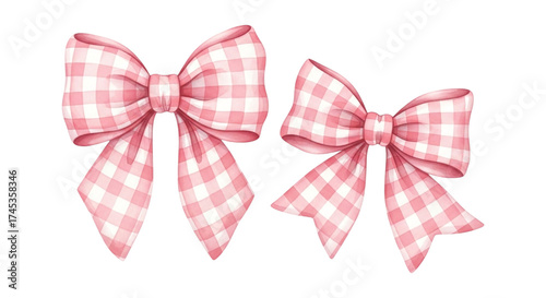 Two charming pink gingham bows isolated on transparent background, perfect for adding a touch of sweetness and vintage flair to any project