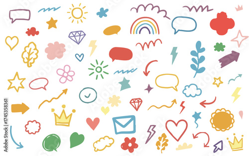 Cute kid scribble line flower, heart. rainbow background. Hand drawn doodle sketch childish element set. Flower, heart, cloud children draw style design elements background. Vector illustration