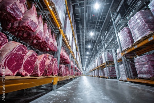Beef carcasses and wrapped meat products filling industrial cold storage warehouse racks
