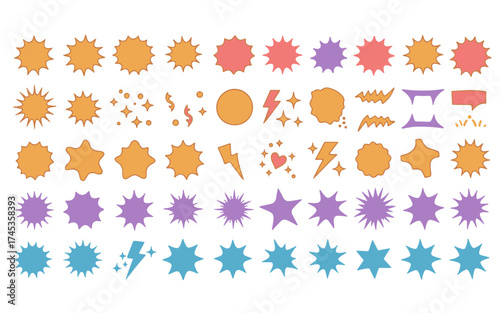 Colorful Starburst Sticker and Badge Vector Set. Collection of Abstract Sunburst, Sparkle, Lightning Bolt, and Geometric Shapes. Trendy Graphic Elements for Social Media, Price Tags, and Sales Promoti