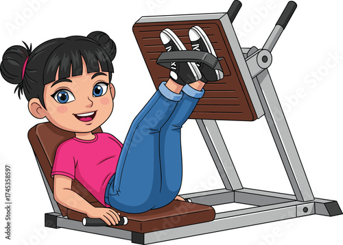 Cartoon girl using leg press machine, gym workout pose, vector illustration for fitness, exercise, strength training, kids health, character design