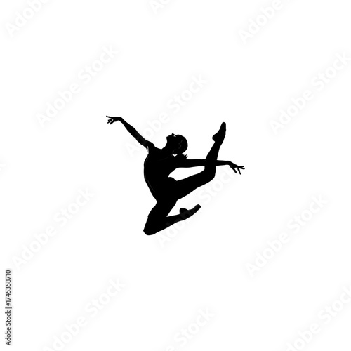 Silhouette of a female dancer leaping with arms outstretched against white space