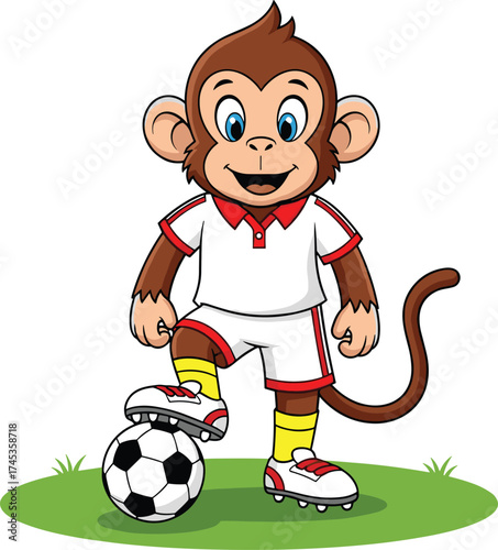 Cartoon monkey playing soccer, standing on grass, smiling animal character in uniform, holding ball, kids sports theme, vector illustration, fun