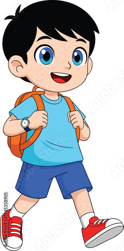 Cartoon schoolboy walking with backpack, smiling face, vector illustration for kids, education, student character, cheerful pose, school theme design