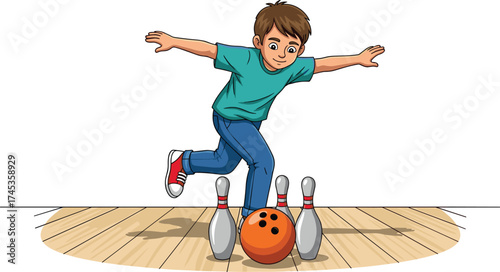 Cartoon young bowler in action, orange ball rolling, vector illustration for sports, recreation, kids activity, dynamic pose, bowling design