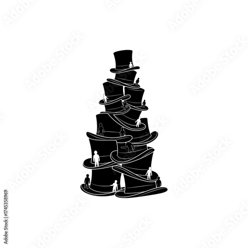 A monochrome illustration of a tower of top hats with tiny people on each hat silhouette